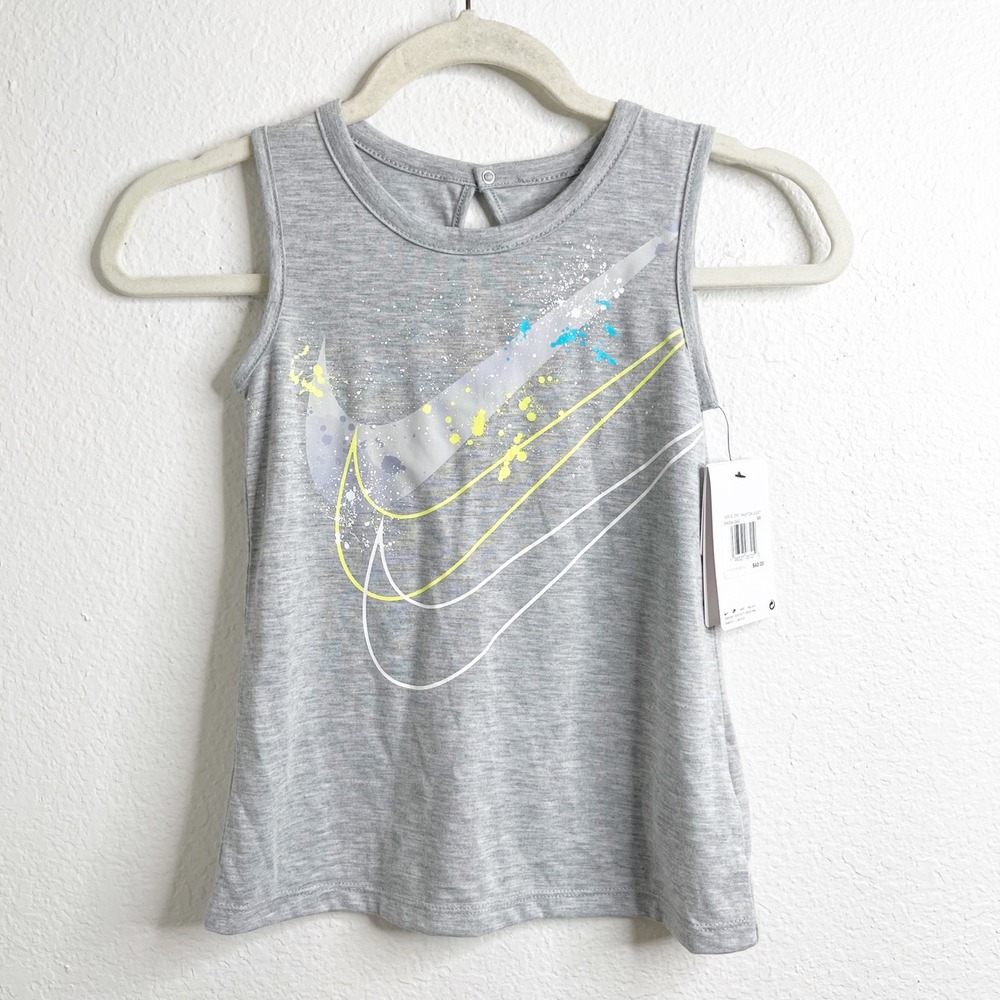 Nike Girls Gray Sleeveless Graphic Swoosh Athletic Tank Top Size 6X Keyhole Back